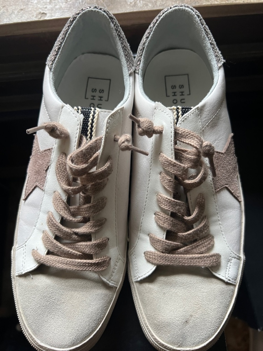 ShuShop White Sneakers with Tan Star and Laces